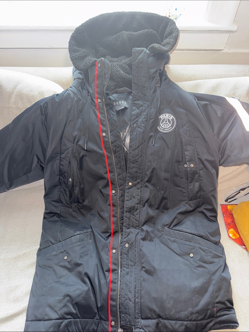 Jordan Black Hooded Puffer Coat with Red Trim